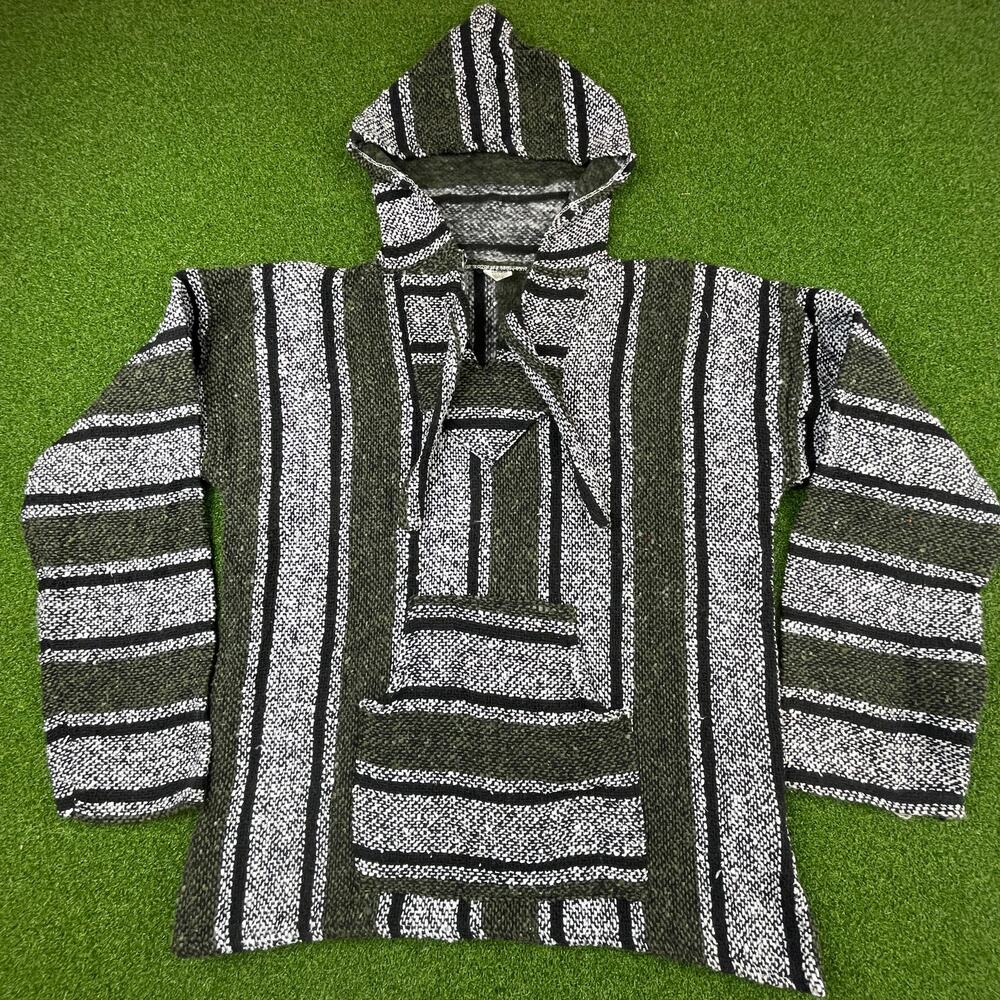 Vintage Artesanias Green Striped Acrylic Mexican Baja Pullover Hoodie Sz M